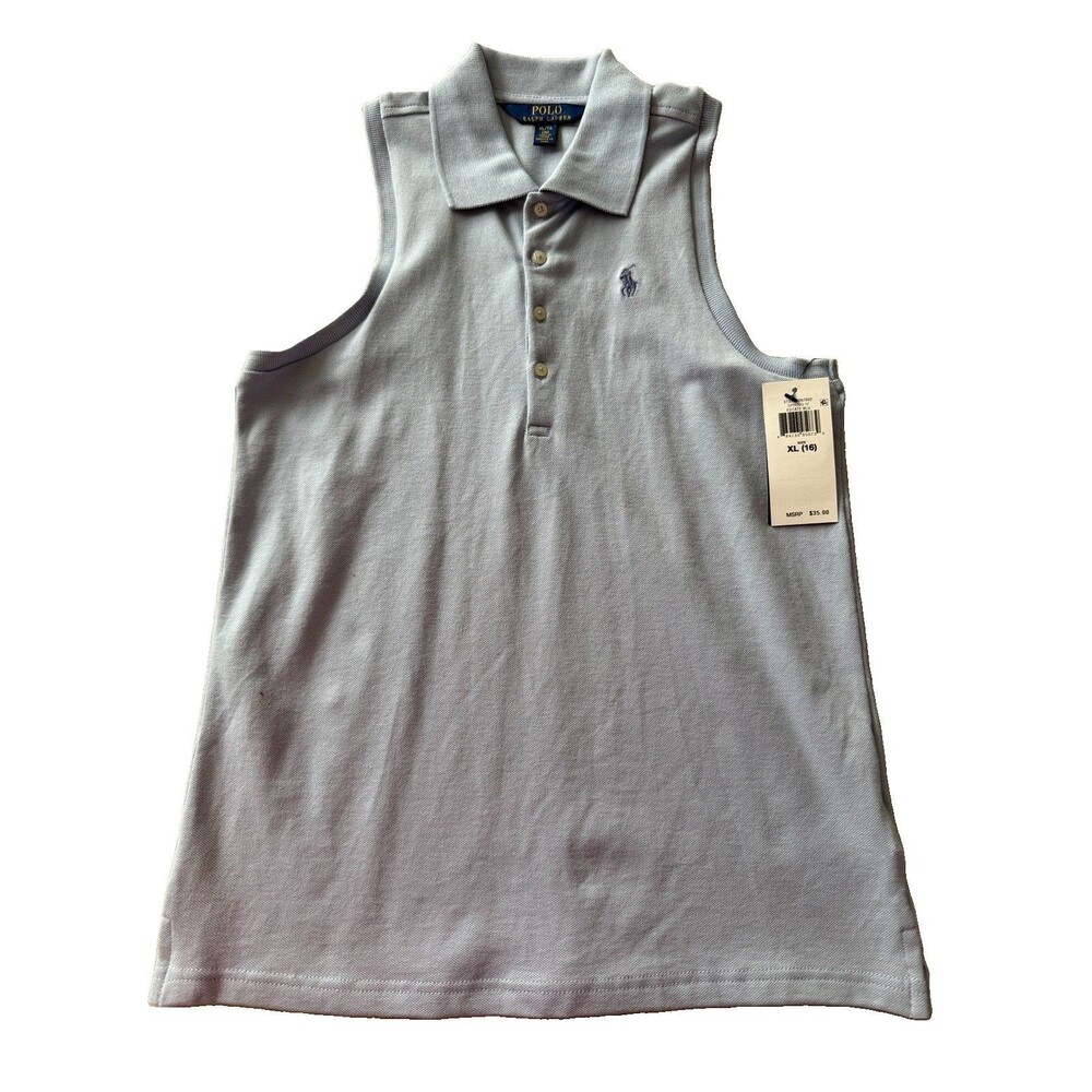 NWT Polo Ralph Lauren Girls XL (16) Sleeveless Cotton Mesh Polo Top Light Blue.